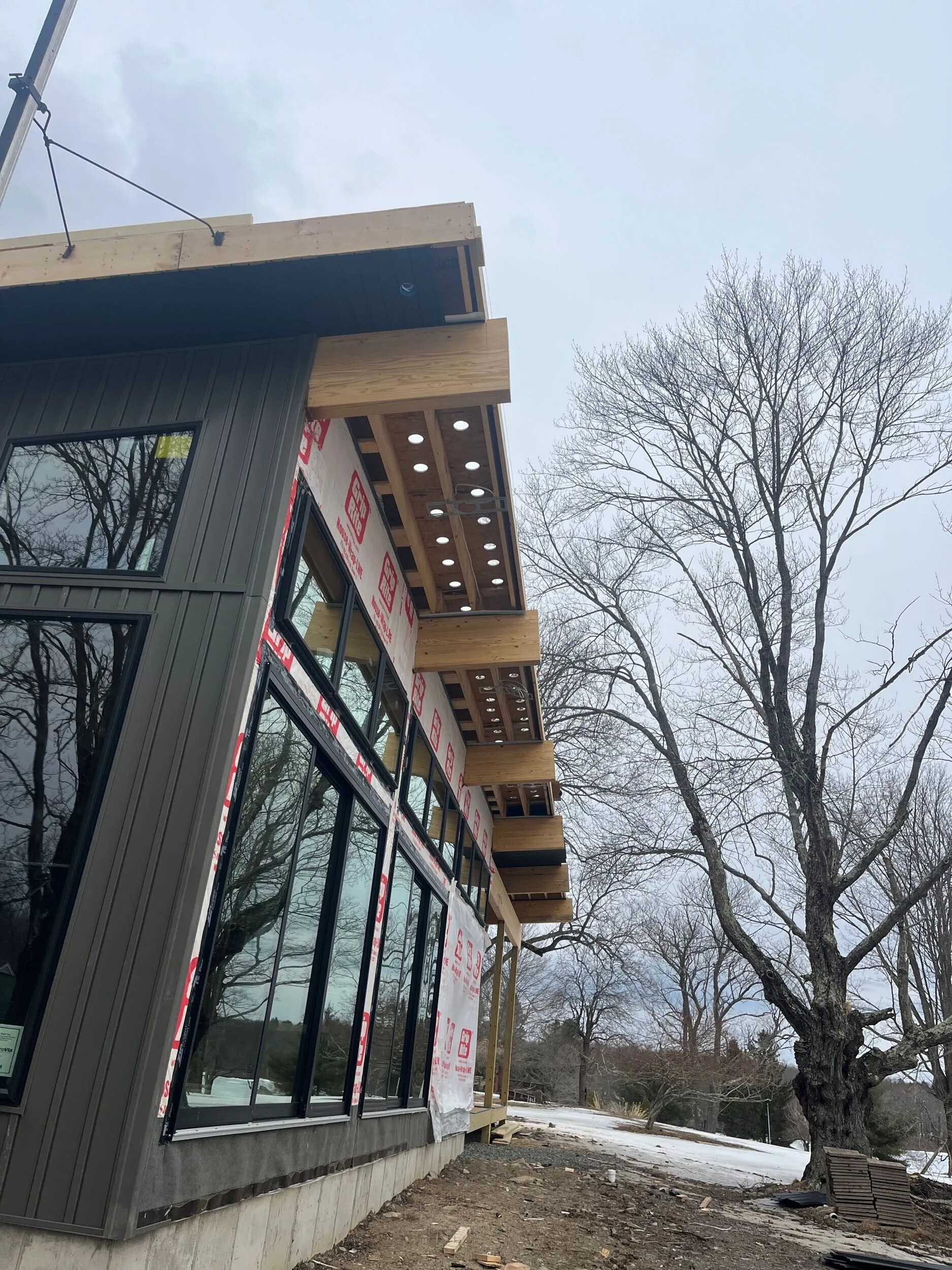 Exterior; rafters, windows, and metal siding. Roof Installation in progress.