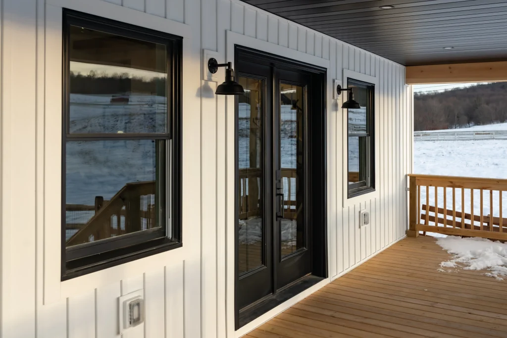 exterior of front door with lighting and windows of new home construction